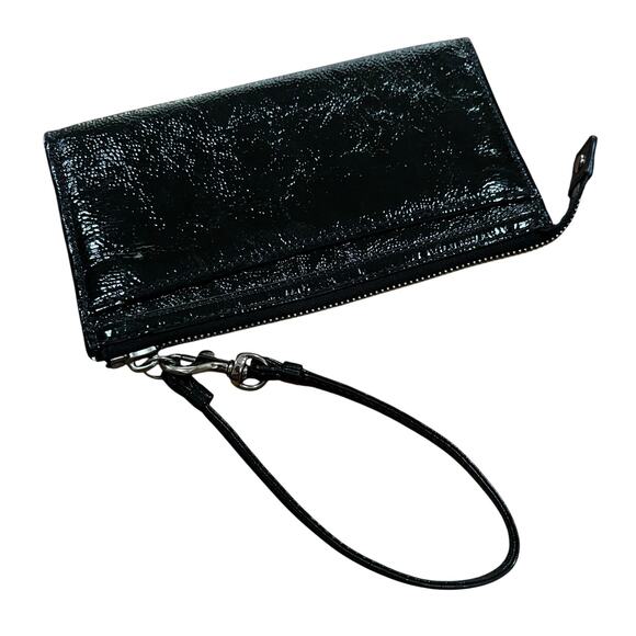 Coach Poppy Wristlet black pebbled & patent leather purse wallet clutch top zip - Picture 3 of 11